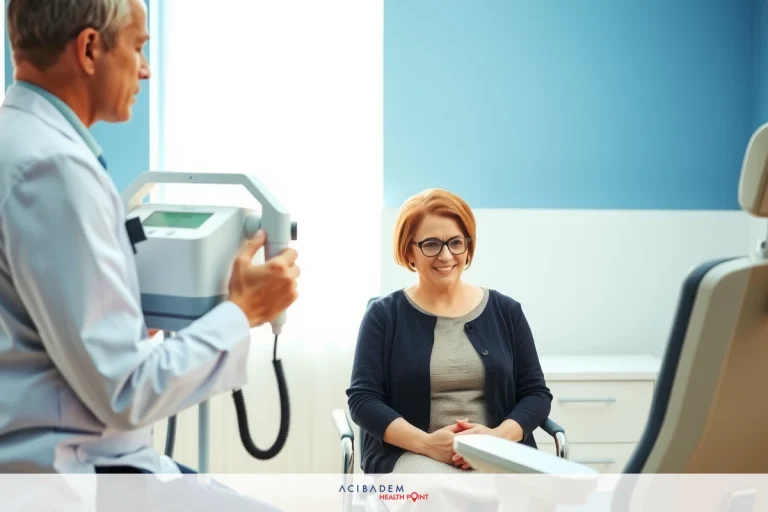 The image depicts a medical setting where a doctor is examining a patient. The doctor, wearing professional attire with a stethoscope around his neck, appears to be using a handheld device on the patient's face. Both the doctor and the patient are seated in an examination chair, which is typically used in medical offices for patients during routine check-ups or procedures. The overall environment suggests a clean, clinical atmosphere with blue walls and white accents that is typical of a professional medical practice.