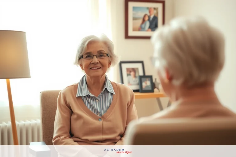 What Age is Too Old for LASIK Eye Surgery The image shows an indoor scene where two elderly women are engaged in a conversation. The woman seated is wearing glasses and has her hands clasped on her lap, while the standing woman has a warm smile on her face. They appear to be in a comfortable and well-lit living room with framed pictures on the wall behind them.