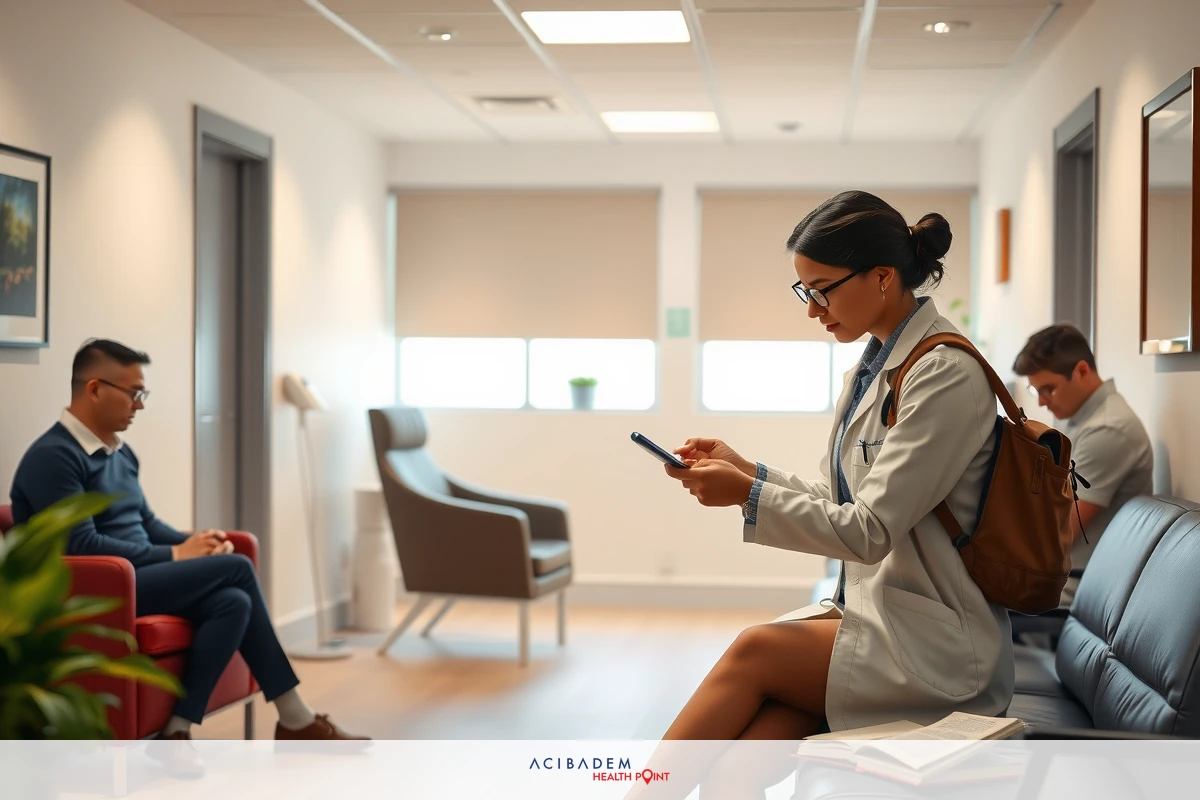 The image depicts a modern medical office waiting area with multiple seating options. There are at least two people, one woman and one man, sitting on the chairs. The woman is dressed in business attire while looking at her phone. The office has contemporary decor with natural lighting coming through the windows.