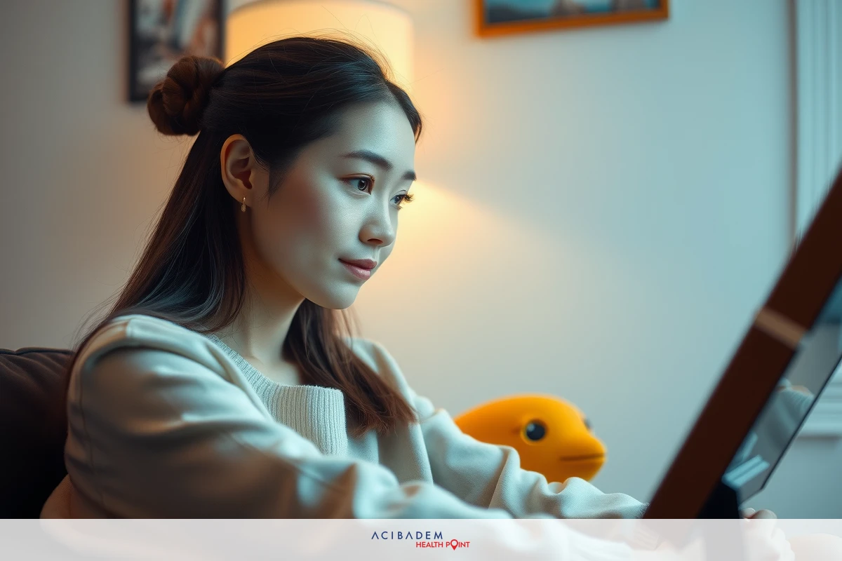 A woman in a cozy indoor setting is engrossed in her laptop. She appears focused on the screen, possibly browsing or working. The room has warm lighting and a comfortable couch where she sits, creating an intimate atmosphere.