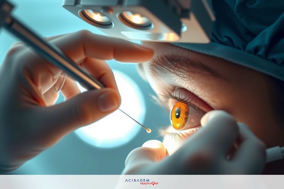 The image shows a medical setting with an eye examination in progress. There is a person sitting under a bright light, likely a doctor performing the procedure. The focus is on the eye, which has been dilated for easier observation. Tools and equipment commonly used in an ophthalmic examination are visible. The environment suggests a professional healthcare setting.