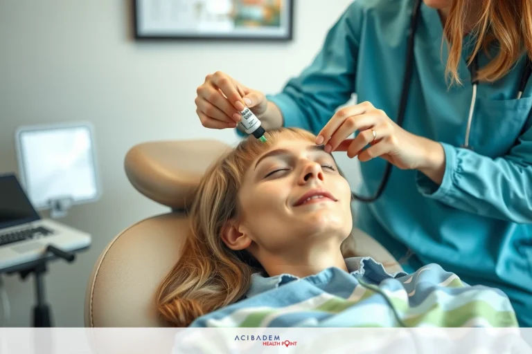 A woman receiving an eye exam at a doctor's office. The nurse is holding a tool to check the patient's vision, and both are smiling.