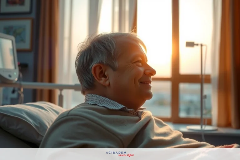 The image shows an elderly person sitting in a hospital bed with sunlight coming through the window, creating a warm ambiance. The individual is smiling and appears to be at ease, possibly receiving good news or just enjoying the day.