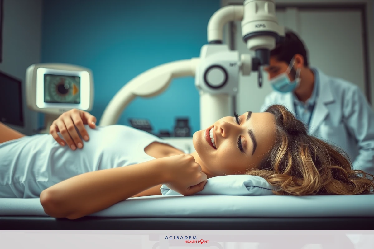 The image shows a medical setting with two people. A woman is lying down on a medical examination table, appearing to be undergoing an X-ray or MRI scan. She is smiling and seems relaxed. An attendant stands nearby, wearing protective gear and observing the process. The environment suggests a clean, clinical space with medical equipment visible.