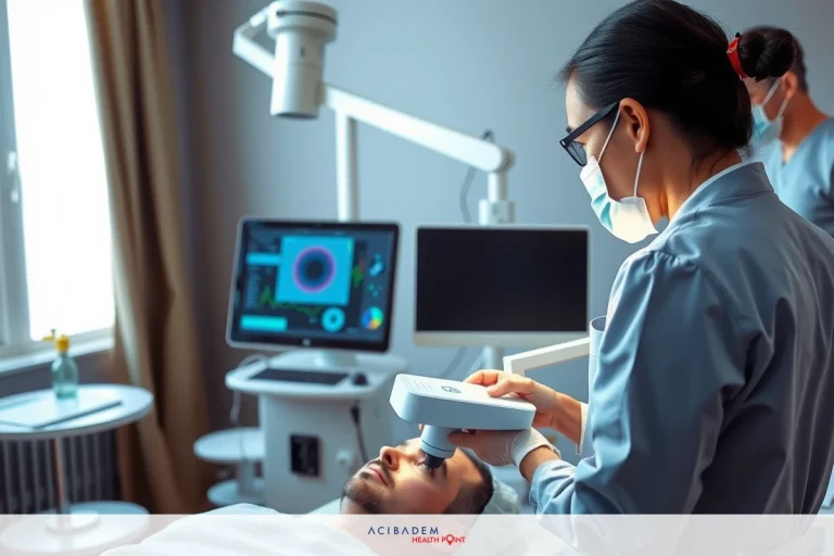 Medical professionals in a well-lit clinic, with modern equipment. The focus is on facial surgery or treatment, utilizing advanced technology.