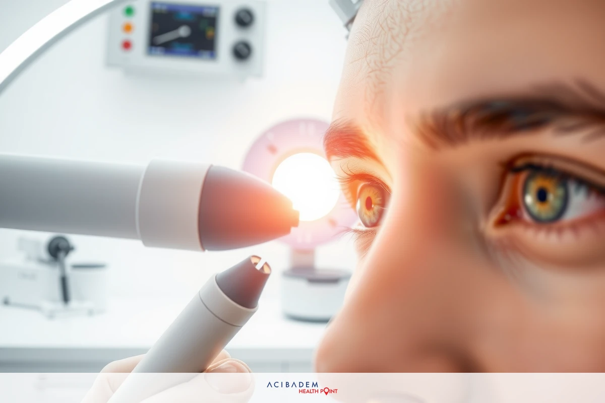 The image shows a close-up of an adult human eye looking through an optical device, possibly for examination or to correct vision. The setting appears to be a medical office environment with equipment and monitors in the background. The person's facial features are visible, including their eyebrows, eyes, nose, and mouth.