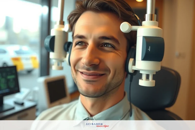 In the image, a young man is seen sitting inside an office with modern equipment. He is wearing headphones that are connected to a device on his head, possibly a hearing aid or medical scanner. The environment suggests a professional setting, likely an audiologist's office. The room has a clean and minimalist design with a white ceiling and recessed lighting that illuminates the space evenly.