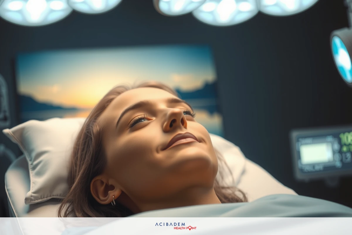 The image shows a woman lying on her back in what appears to be an operating room. She is smiling and seems relaxed, which suggests she might be about to undergo or has just completed a medical procedure. There are medical instruments placed near her. The lighting in the room casts a sterile glow, emphasizing the clinical setting.