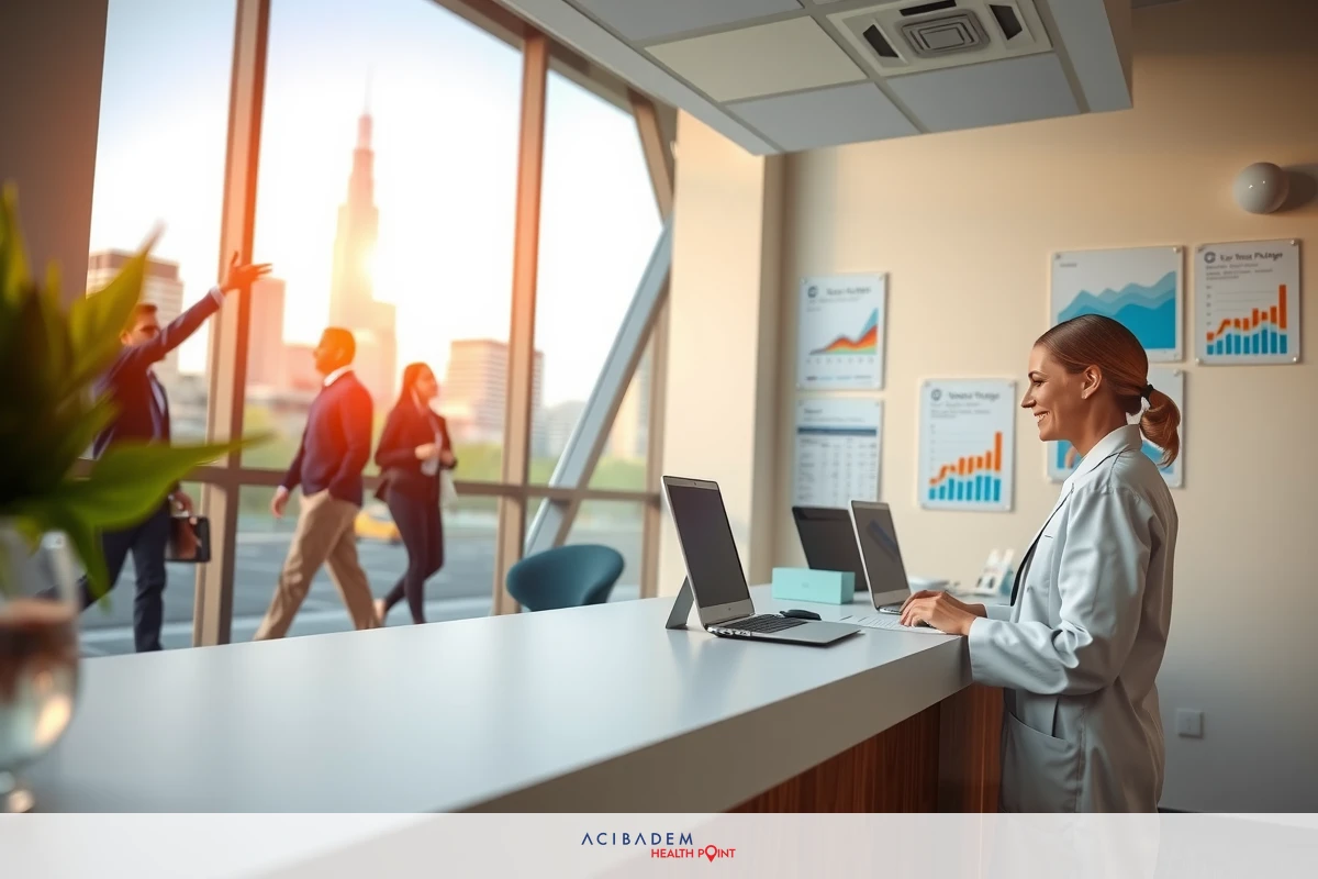 This image shows a professional environment during what appears to be sunset, with a large window allowing natural light in. There is a reception area where people are greeted by a smiling receptionist sitting at a counter with various office supplies and a computer monitor on it. The overall atmosphere suggests a modern, well-lit office space.