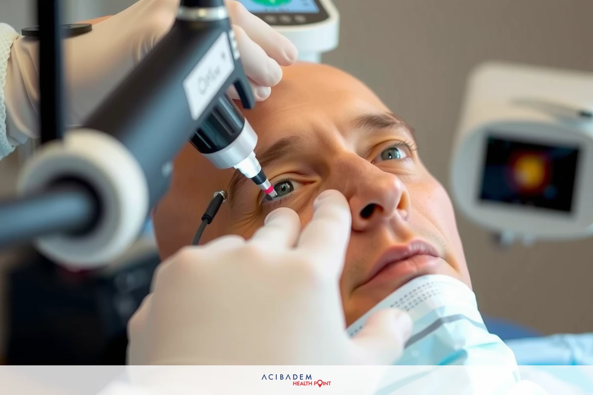 The image shows a medical setting, likely in an operating room. A patient is lying down on an operating table with a medical device attached to their face. The healthcare professional wearing protective gloves and eyewear appears to be conducting a procedure that may involve laser or surgical precision. The background suggests a sterile environment typical of a medical facility.