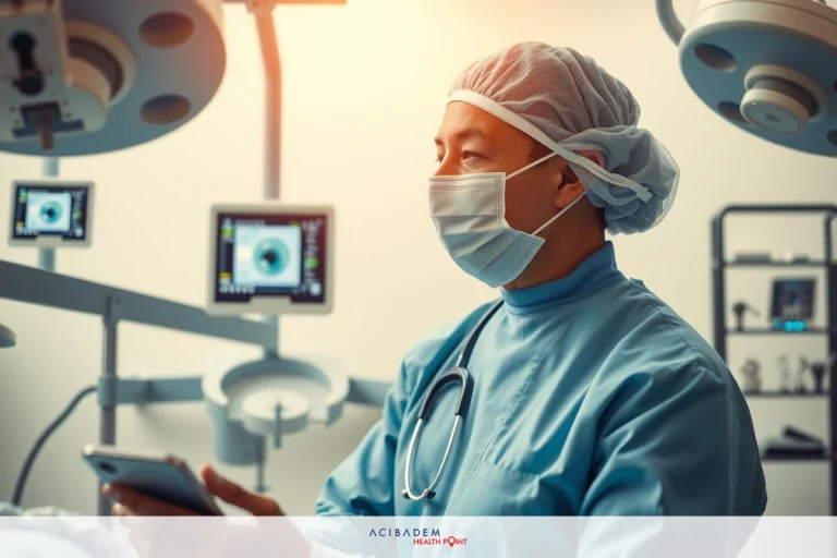 Image of a male surgeon wearing full medical gear, including a face mask, gloves and hat, while examining an iPad with patient data on it. The hospital room has various monitoring equipment and is brightly lit with natural light.
