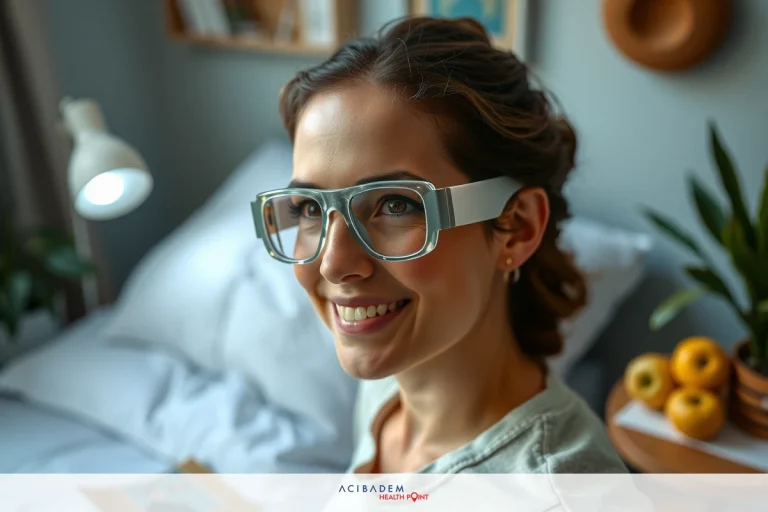 The image shows a young woman wearing glasses with blue frames. She is smiling and appears to be in a home environment, possibly her bedroom or living room. In the background, there are blurred books on shelves, suggesting an intellectual or creative setting. The color palette includes soft greys, whites, and hints of blue.