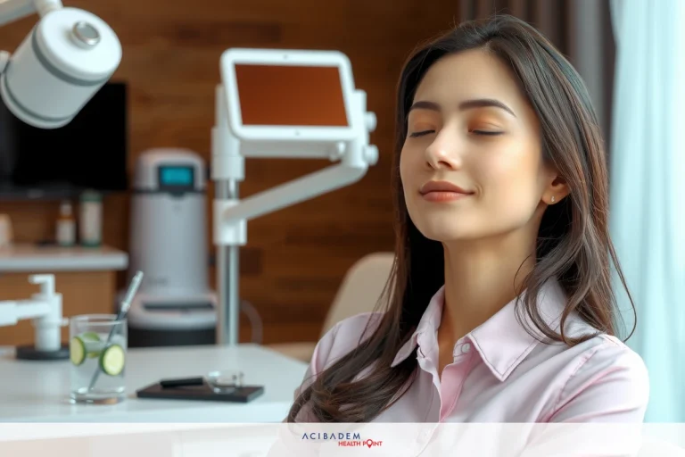 In the image, a woman is seated at a medical office, appearing relaxed and content. She is wearing glasses and has her eyes closed as if she is enjoying a moment of tranquility during her visit.
