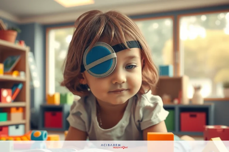 The image depicts a young child with an eye patch, seemingly injured and looking towards the camera. The setting appears to be an indoor play area or classroom environment, with wooden bookshelves in the background containing children's books.