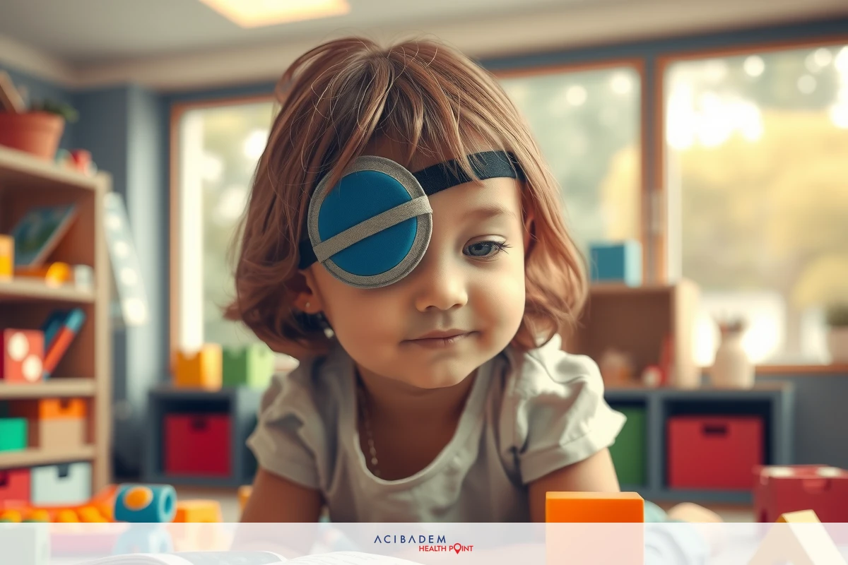 The image depicts a young child with an eye patch, seemingly injured and looking towards the camera. The setting appears to be an indoor play area or classroom environment, with wooden bookshelves in the background containing children's books.