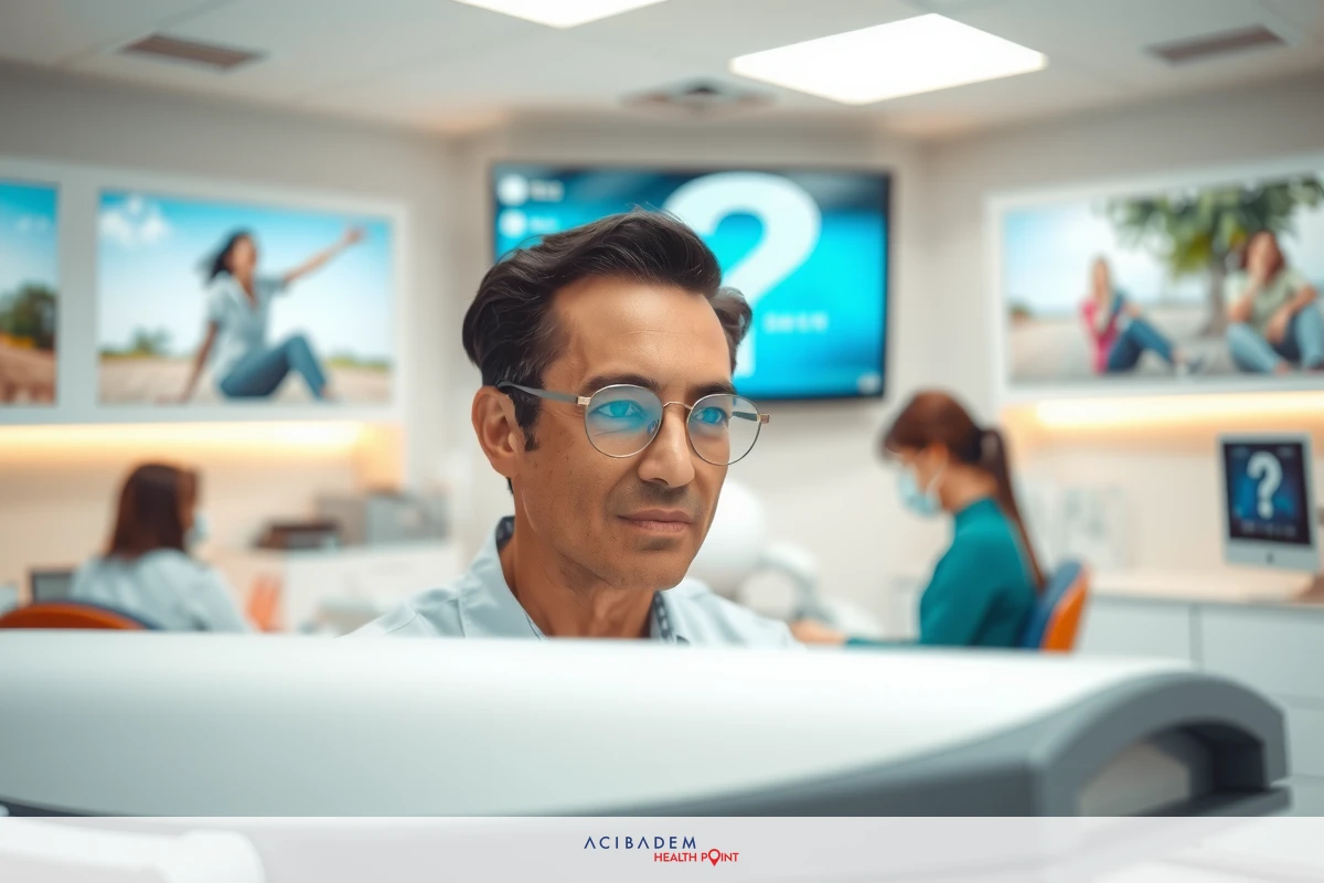 The image shows a man sitting at a desk in an office setting. He is wearing glasses and looking at his computer screen. There's a large flat-screen TV mounted on the wall displaying a colorful beach scene. The overall atmosphere appears professional and focused.