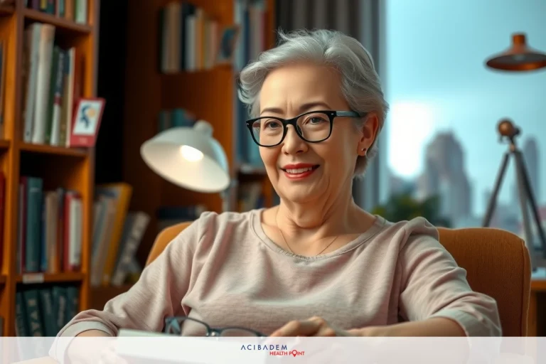 Does LASIK Eye Surgery Work for Reading? An elderly woman sitting in a chair with an open book, engaged in reading. She has glasses on and is smiling. The room has a cozy atmosphere with books surrounding her.