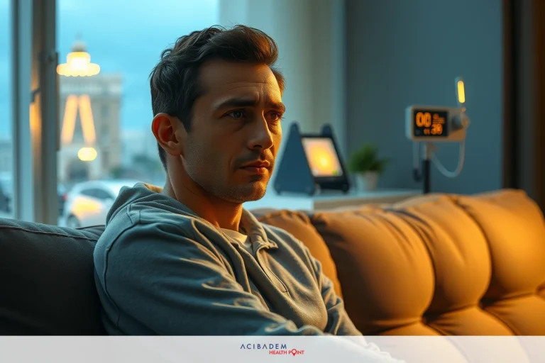 How Common is Permanent Dry Eye After LASIK? A man sitting on a couch, looking contemplative or sad. He is wearing a grey hoodie and has short brown hair.