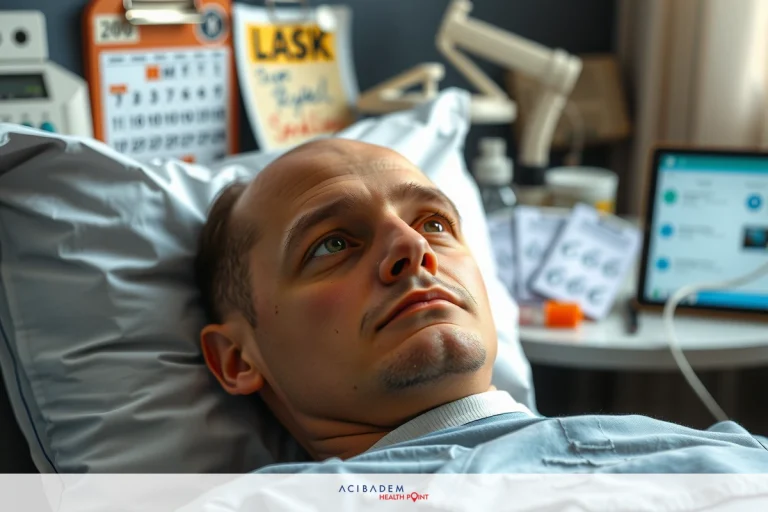 Hospital bed with patient wearing medical gown and having oxygen hookup. Monitor showing heart rate on wall, indicating critical care setting.