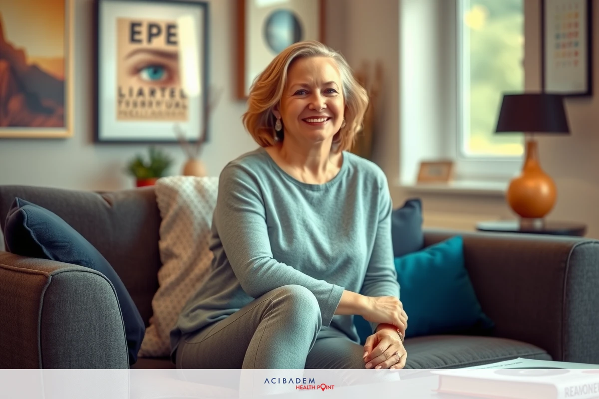 A cheerful middle-aged woman sitting on a couch in a cozy living room, smiling and looking at the camera. The room is well-lit with natural light, featuring modern furniture and artwork.