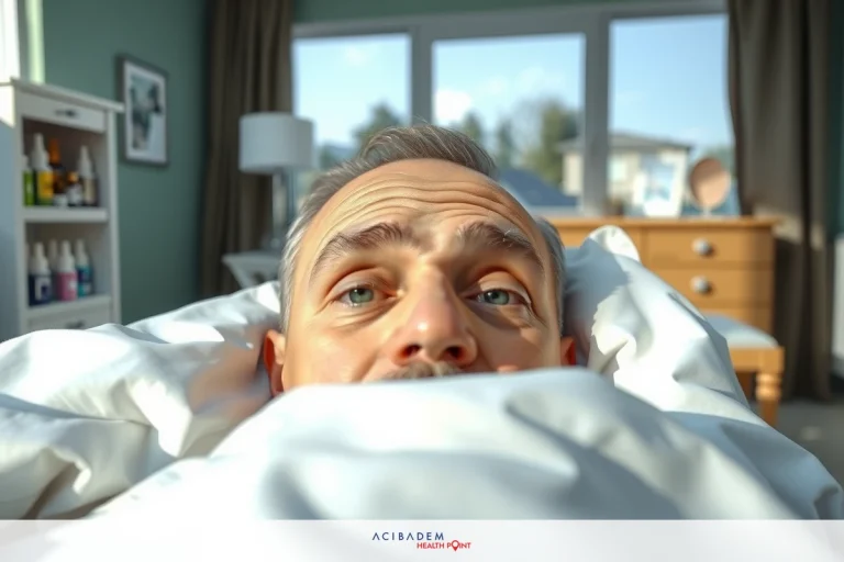 The image shows a man lying in bed with his head comfortably resting on the pillows. He appears to be in the midst of an exasperated or dramatic facial expression, possibly expressing frustration or irritation.