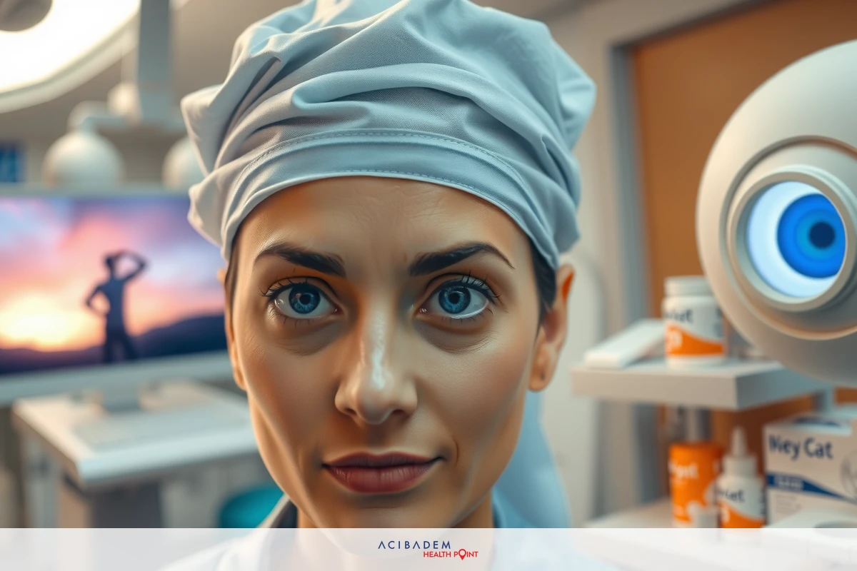 The image features a female character wearing a surgical mask and medical attire, standing in what appears to be a modern hospital environment.