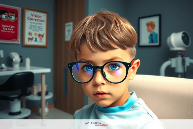 The image shows a young child sitting in an eye exam room. The child is wearing glasses and looking at the camera with a neutral expression.
