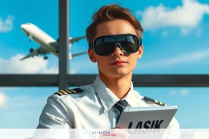 A smiling young man in pilot uniform sitting at desk, with sun shining through large airport window behind him. He's holding a clipboard and wearing sunglasses, looking confident and professional.