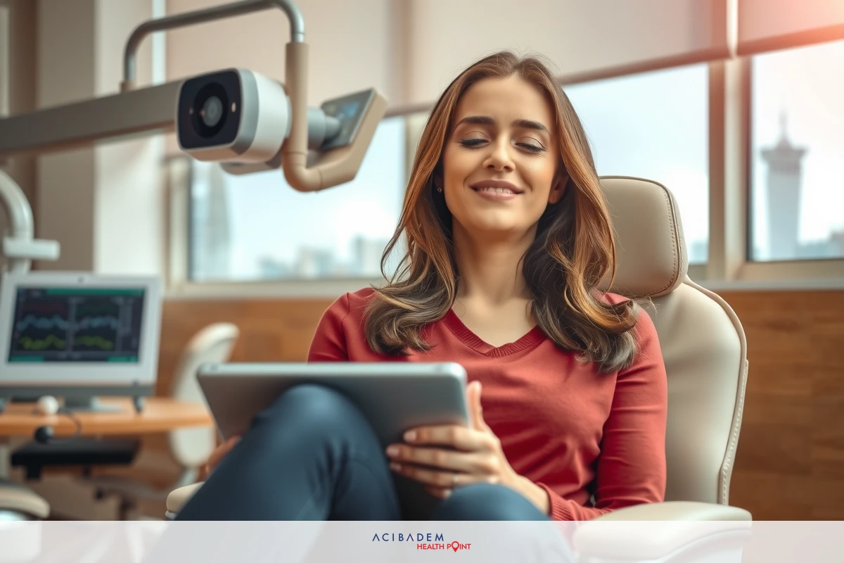 The image shows a woman sitting in a modernmedical chair. She is smiling and appears relaxed. The setting suggests a clinic with advanced technology visible around her.
