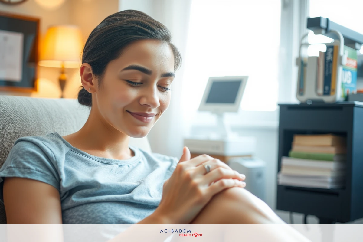 A woman in a gray top is sitting down with her legs crossed, smiling at the camera. She appears to be on a phone or some form of device. The room has modern furniture and a cozy atmosphere.
