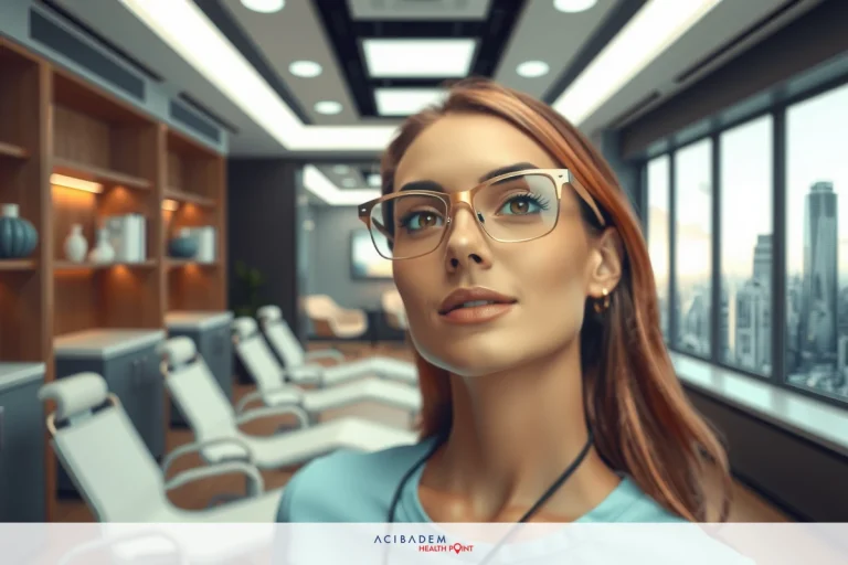 A woman in glasses and a blue top, sitting at a desk in an office environment with modern furniture.