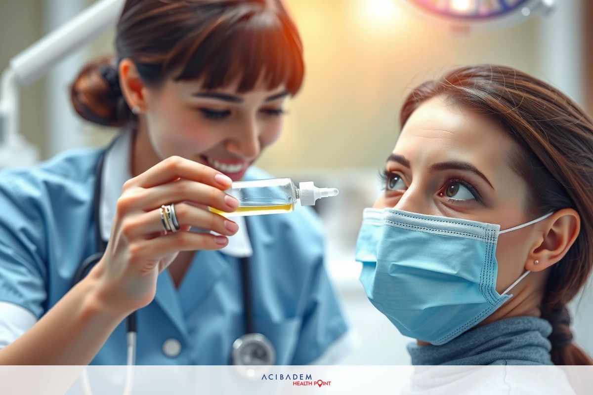 A doctor is examining a patient's eyes in the office. A patient is wearing face masks to maintain sterility during the procedure.