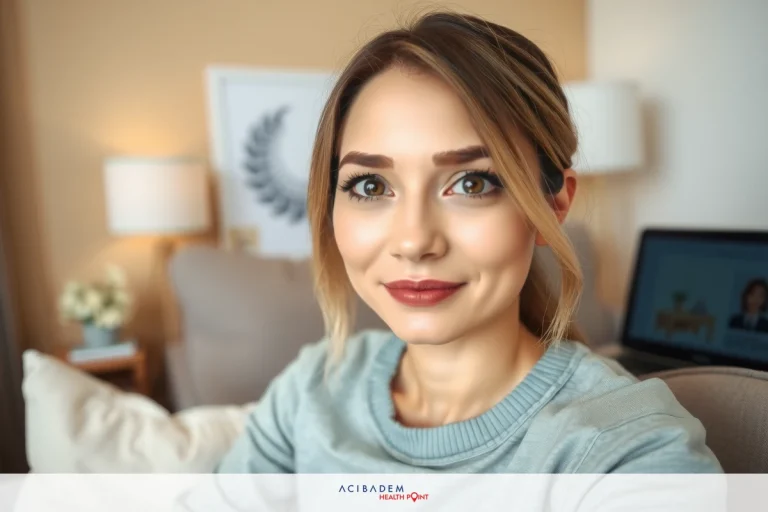 A woman is seated indoors with a laptop in front of her, smiling and looking at the camera. She has dark hair styled into loose waves, wearing a cozy grey sweater and red lipstick. The room appears to be a modern living space with neutral tones.