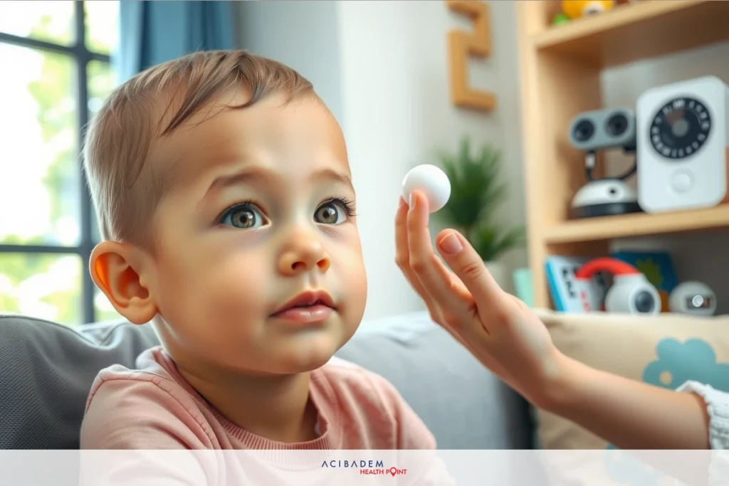 Can LASIK Cure a Lazy Eye? A baby being examined by a medical professional. The child is seated comfortably on the couch, likely in a home setting with various children's toys and books scattered around.