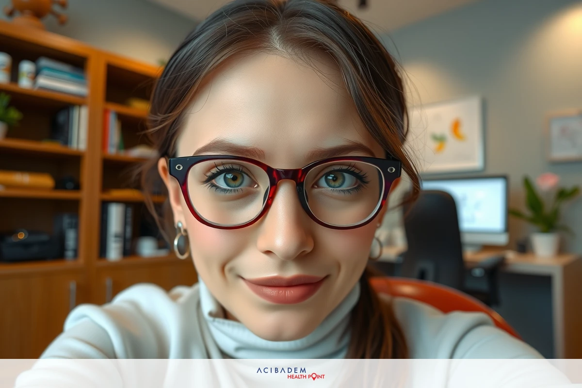 The image features a woman taking a selfie in an office setting. She is wearing glasses, has her hair pulled back into a ponytail, and is smiling at the camera. The background shows typical office elements such as a desk with computer equipment and shelves with books and decorative items.