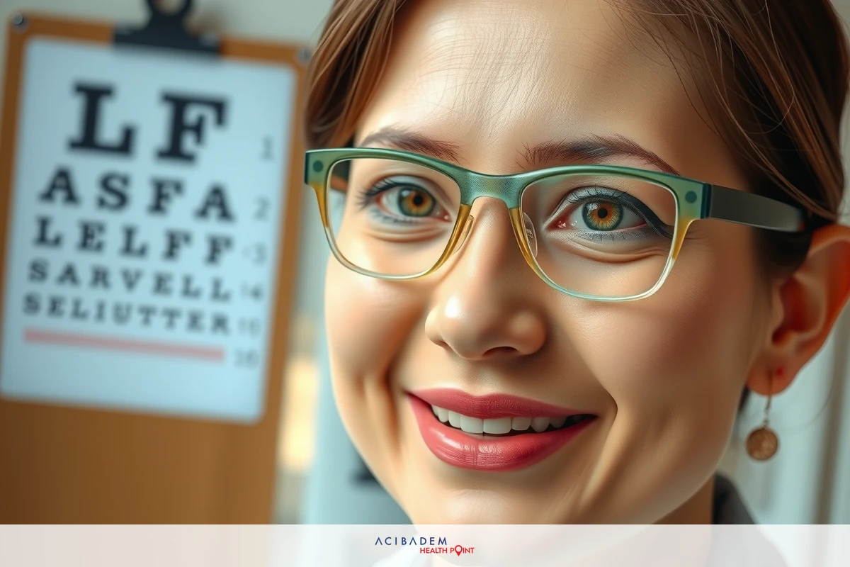 The image features a woman wearing glasses, smiling at the camera. She has short hair and is dressed in professional attire that suggests she might be working in a medical or optical field. In the background, there's a sign with eye examination instructions written on it.
