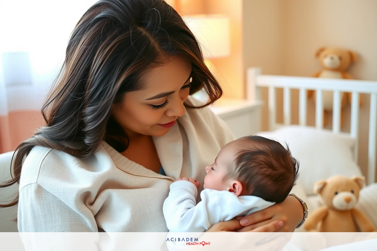 A woman is holding a baby in her arms. She is wearing a white robe and is indoors, likely in a nursery or bedroom as there are cribs and teddy bears visible.
