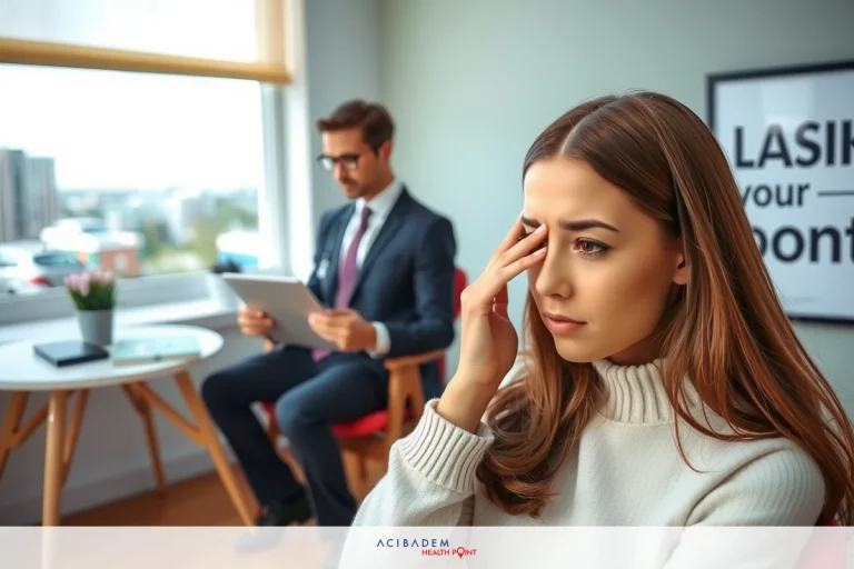 Can You Get LASIK If You Have Eye Allergies? A young woman in a white sweater is sitting across from a man in an office environment. The woman appears to be in distress or discomfort, possibly overwhelmed by the office setting.