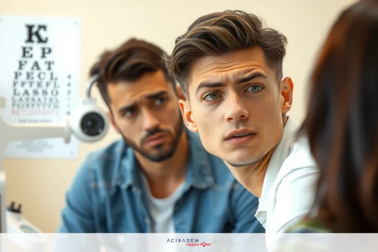 Can You Get LASIK If You Have Lazy Eye? Three young male models in a modern doctor's office, seated for an eye examination. A female optometrist attends to them.