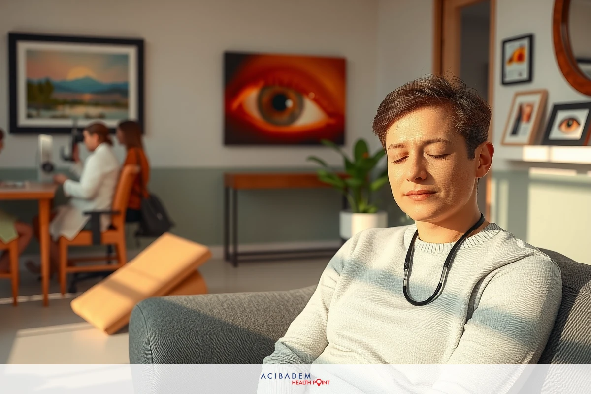 The image depicts a person sitting on a gray couch in an indoor setting. The individual appears relaxed with their eyes closed, possibly resting or meditating. They are wearing a white top and have short hair.