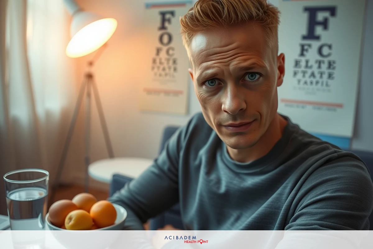 A man with short blonde hair sits at a table, looking off to the side. He holds a bowl of fruit and a glass of water in front of him. There's an orange juicer on the table.