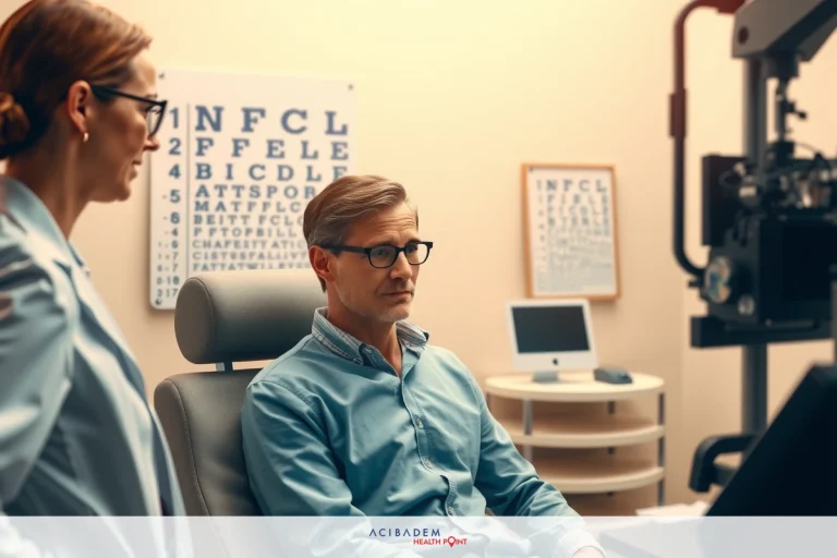 A man seated in a medical office for an eye exam with optometrists. One woman, presumably an optometrist, stands by his side wearing a lab coat and glasses. The office has a digital display on the wall, a chair, and various equipment used for vision testing.