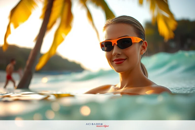 A young woman wearing sunglasses and a bikini, with her hands on hips. She is in shallow ocean water at sunset.