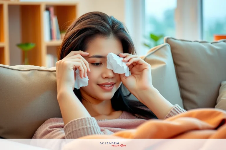 A woman sitting on a couch with her eyes closed, holding a tissue to her nose. She appears relaxed and is indoors in a cozy setting.