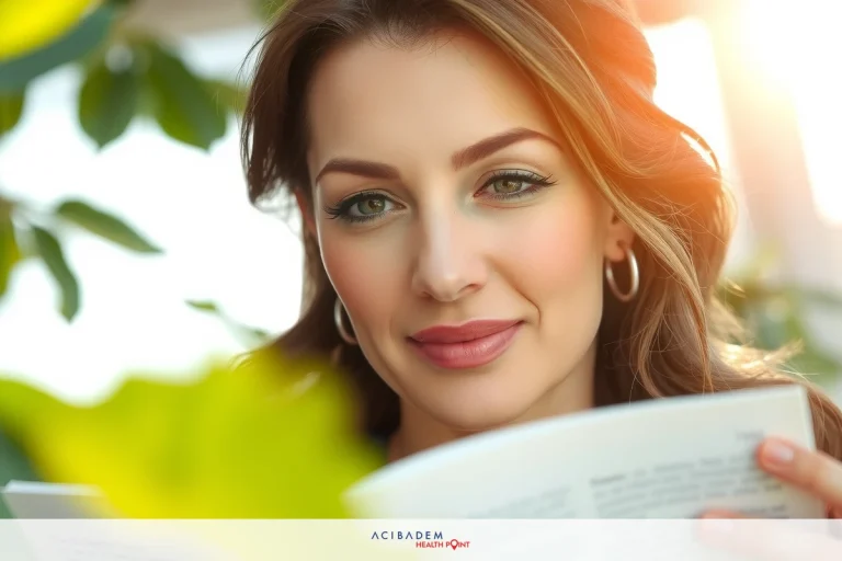 A woman outdoors, with a book in her hands, reading. The setting appears to be a garden or green space. She is wearing a dress and has accessories on. Her focus seems to be on the book content.