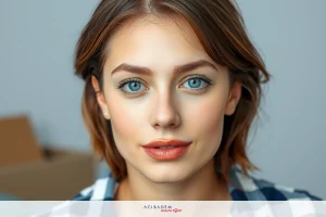 Woman with striking blue eyes and light makeup, wearing a checkered shirt with a neutral background.