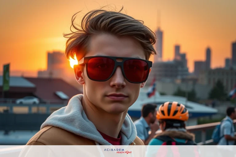 The image features a young man wearing sunglasses, with the sunset behind him in an urban skyline setting. He has short hair and is dressed casually. The scene captures a relaxed moment against a backdrop of city lights.