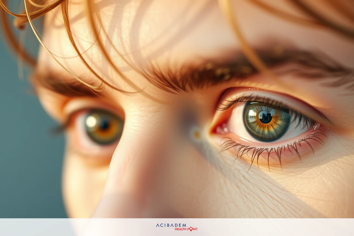 A close-up of a person's face with bright green eyes looking upwards, possibly reflecting light and showing freckles or moles on the skin.