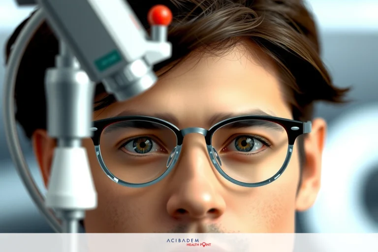 Do They Have to Cut Your Eye in LASIK? A man with brown hair and glasses is looking at a machine. He appears to be inside a laboratory or factory setting, as there are machines in the background.