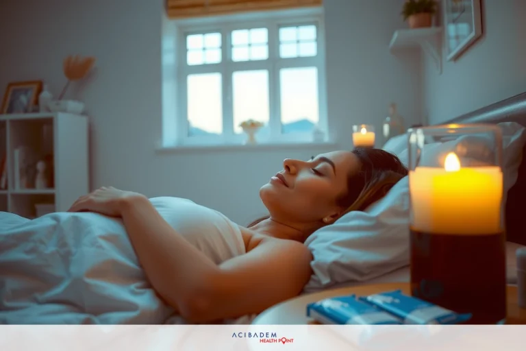 A woman lying in bed with candles, smiling contentedly. She has a light blue blanket over her and is restcomfortably.